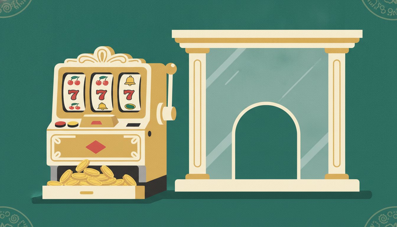 A slot machine standing beside a cashier window, with gold coins in the payout tray